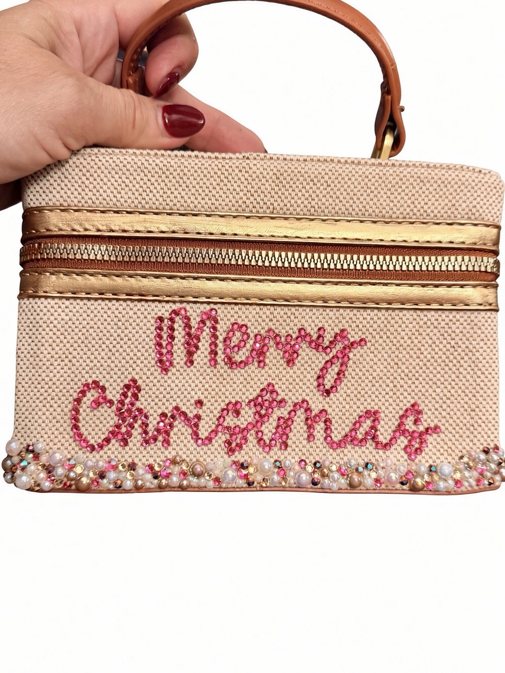 Beige Embellished Wristlet Clutch with Pink 'Merry Christmas' Beading